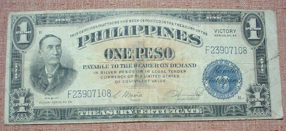 Original Philippines US Victory Silver Certificate Peso Banknote - 1 Peso - 1944