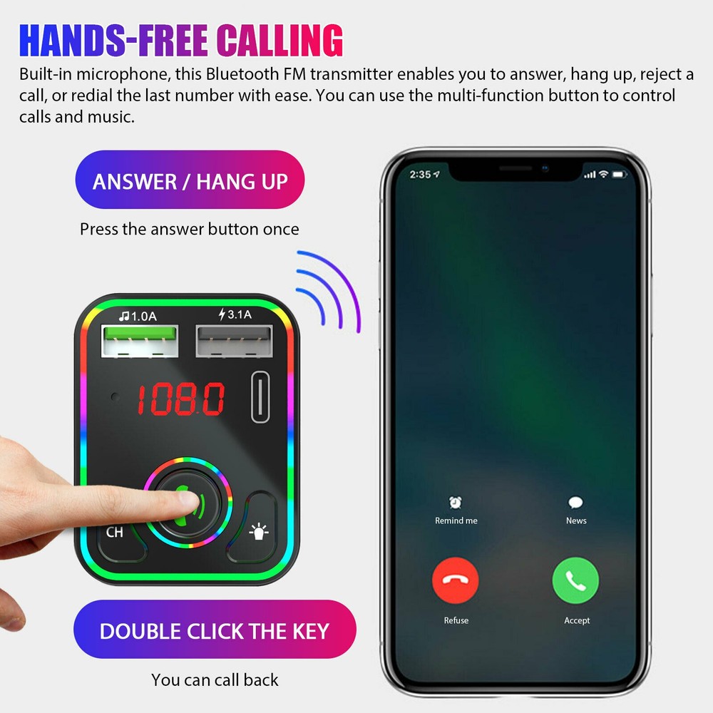 Car Wireless FM Transmitter 2*USB PD Bluetooth 5.0 Charger Adapter AUX Hand-Free