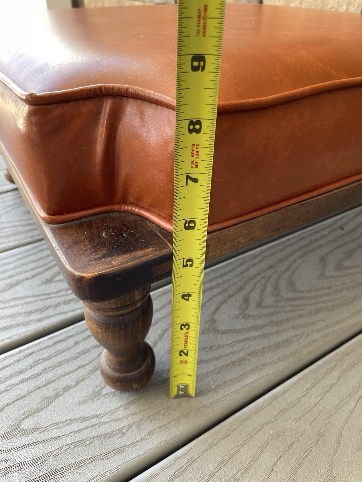 Ethan Allen Bronze Vinyl Cushion Top Solid Wood Base Vtg Ottoman Footstool