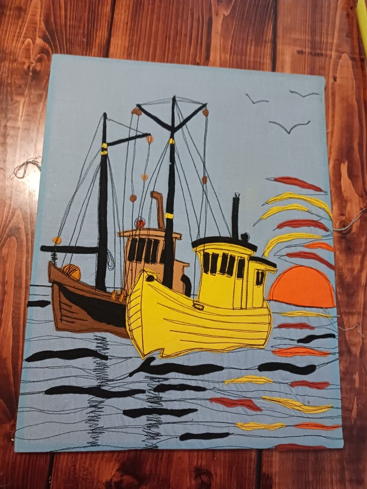 Felt Ship Scene Tacked To Wood