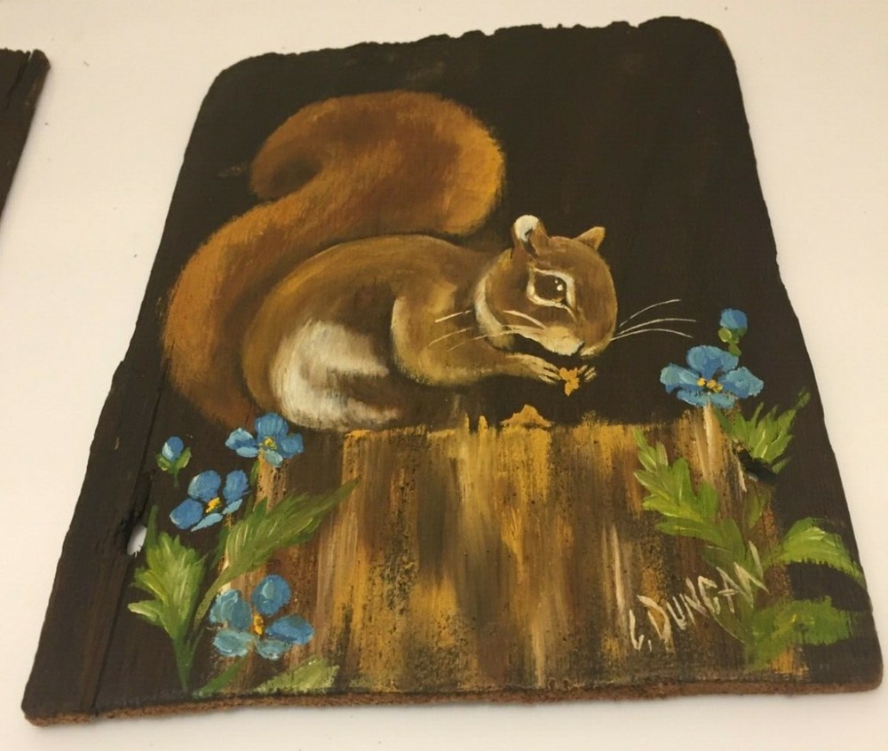 Handpainted Shingle Art - Squirrel on a Fence, signed