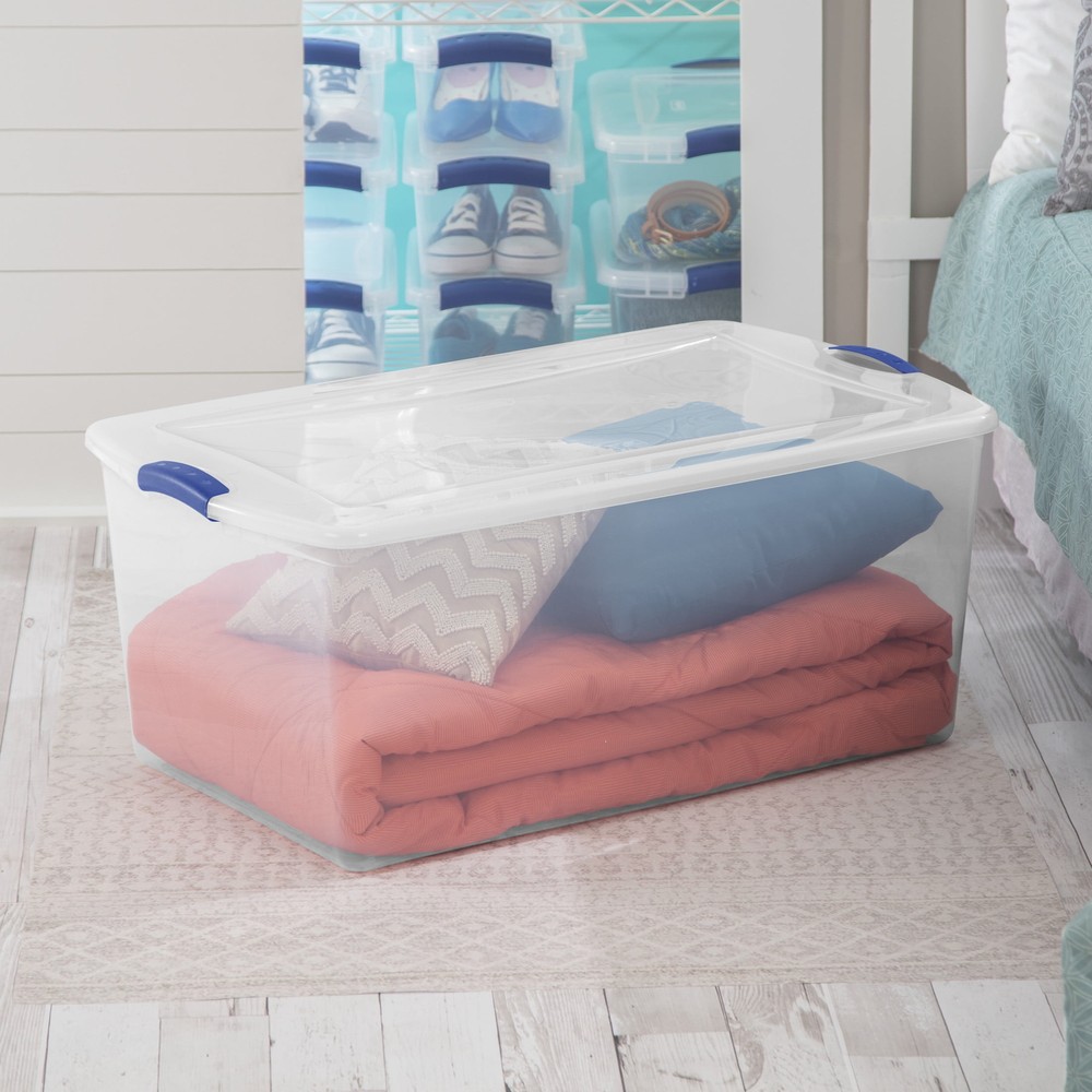 Large Storage Bin, 105 Quart Clear Plastic Storage Bin with Latch Lid,Blue 4pack