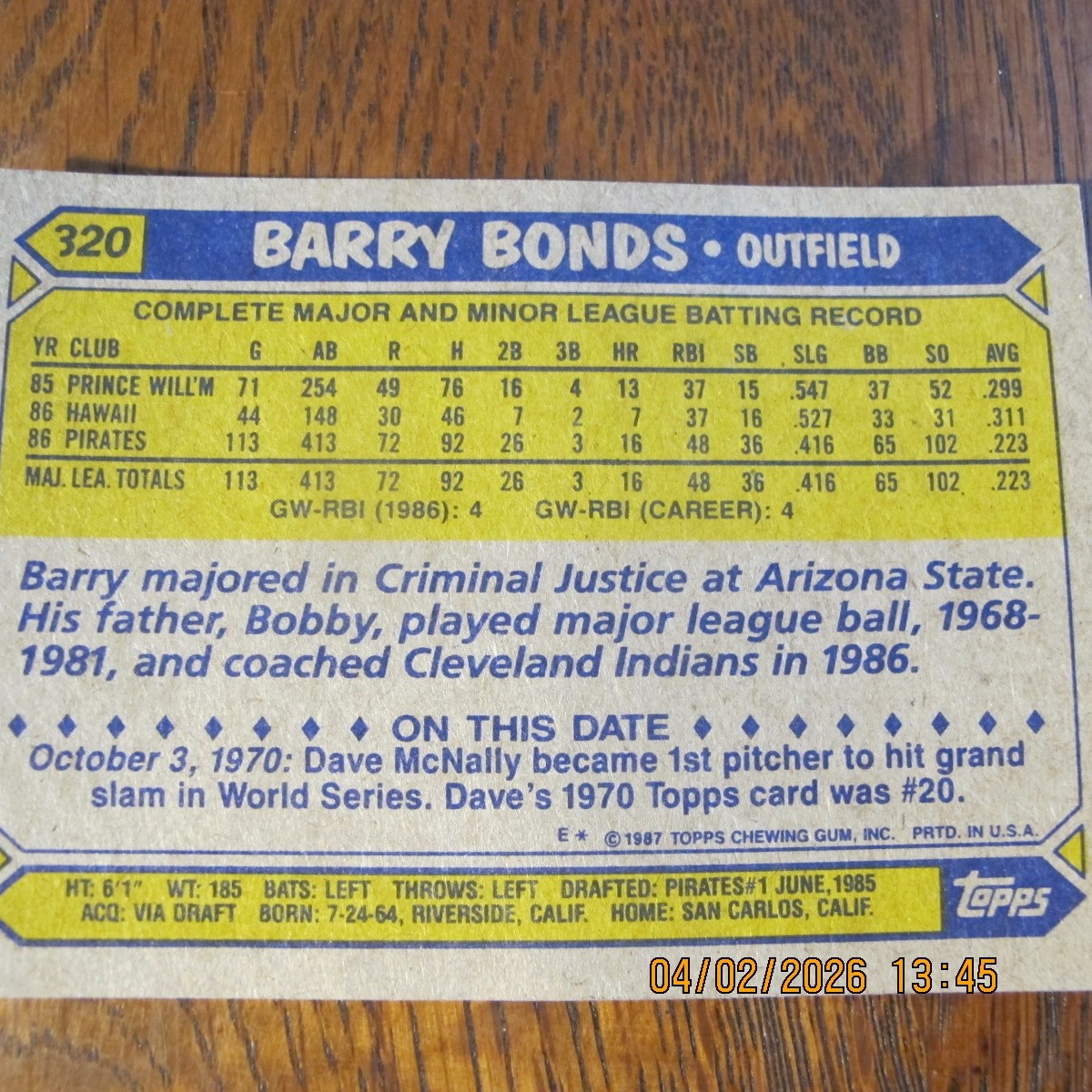 6 Barry Bonds Baseball Cards,