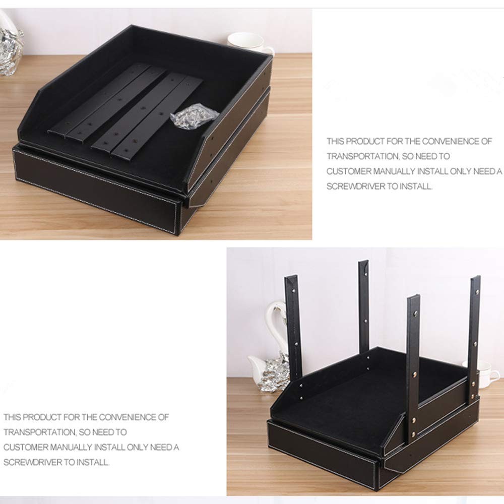 Leather Desk File Organizer 3Layer Stackable Tray Stationery Storage Black