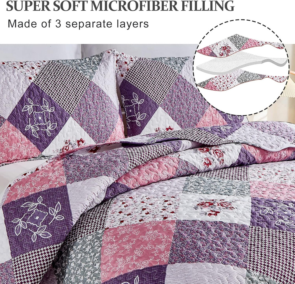 Purple Quilt Set King Size, Reversible Floral Plaid Patchwork Pattern Bedding Se