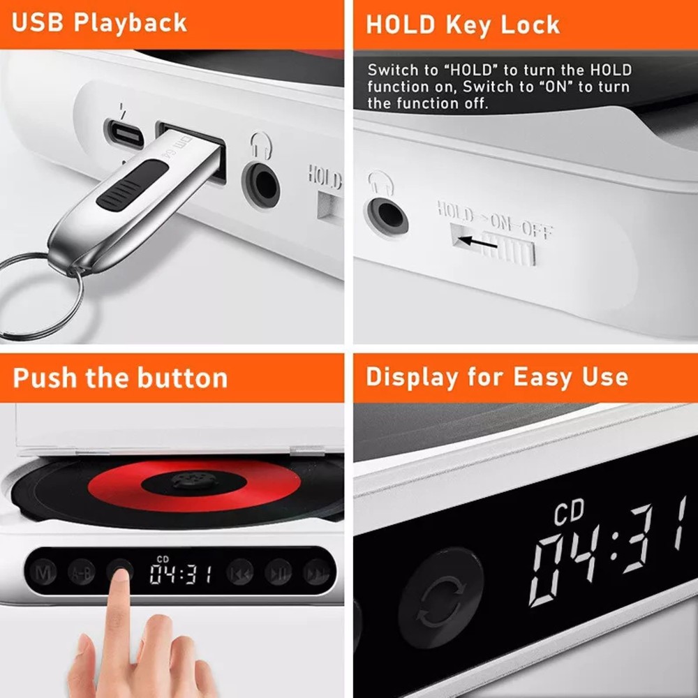 1set CD Player With Wired Earphone 5V2A Bluetooth 5.3 Home Use Audio Equipment