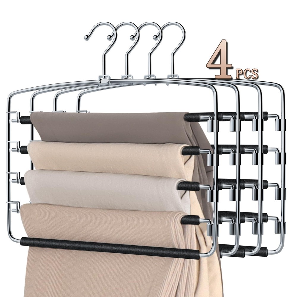 SINDAX Pants Hangers Space Saving - 4Pack, 5 Layers 4 Pack, Black