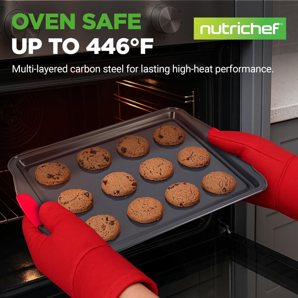 NutriChef 3-Pc Large Nonstick Cookie Sheets Set for Baking w/ Silicone Handles