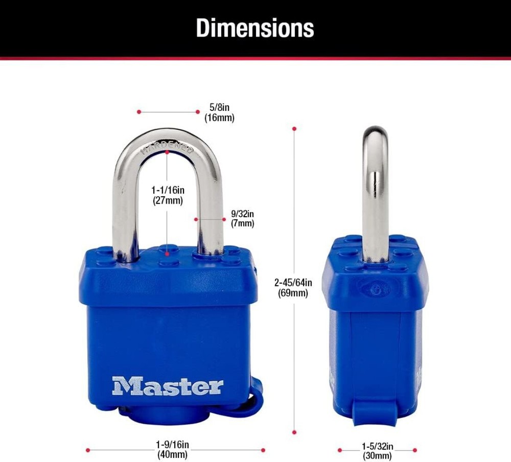 Master Lock 312TRI Laminated Padlock with Key & Thermoplastic Shell, Blue, Pack