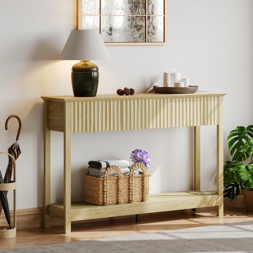 47" Fluted Console Table W/ 3 Drawers Narrow Long Entryway Table W/ Storage &