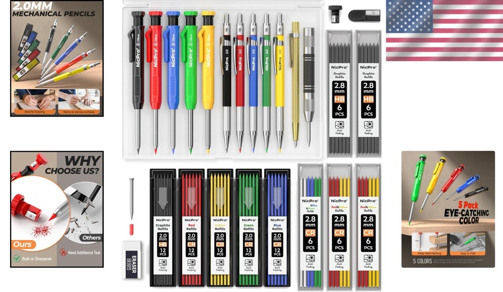 27 Pack Carpenter Pencils with Mechanical Pencil Refills