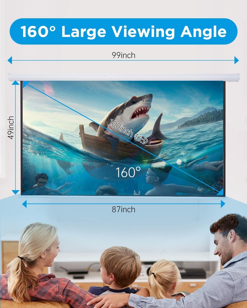 Electric Projector Screen 100 Inch with Remote Control Ceiling Mount Hooks, P...