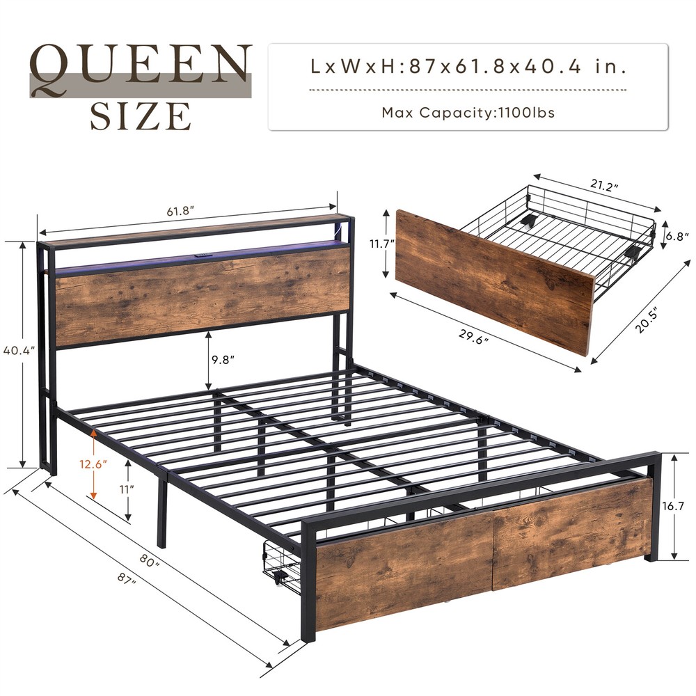 Queen Size Bed Frame with Storage Headboard & 2 Drawer Metal Platform Bed New