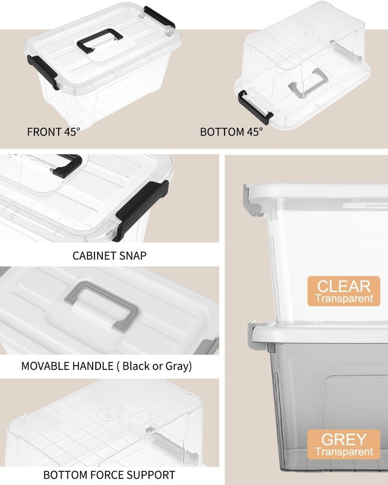 Transparent Stackable Storage Bins 7 Quart, 6 Pack with Handles - Home Organizer