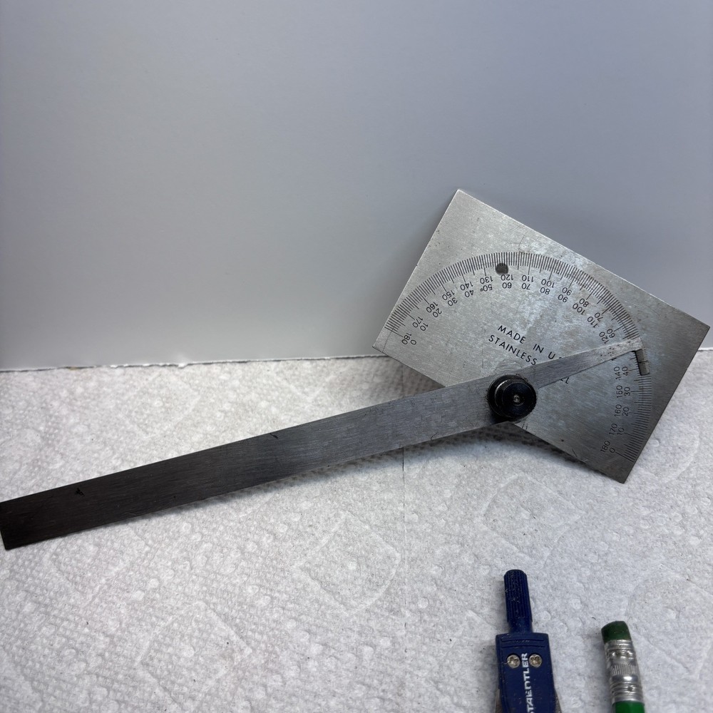 Vintage Protractor with Rectangular Head - 6" Stainless Steel Gauge w/Compas