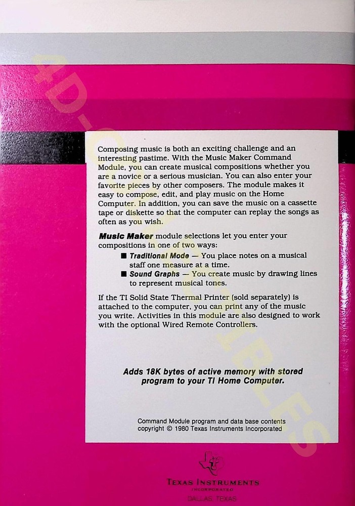 Vintage Texas Instruments Home Computer Instruction Manual Music Maker 1980