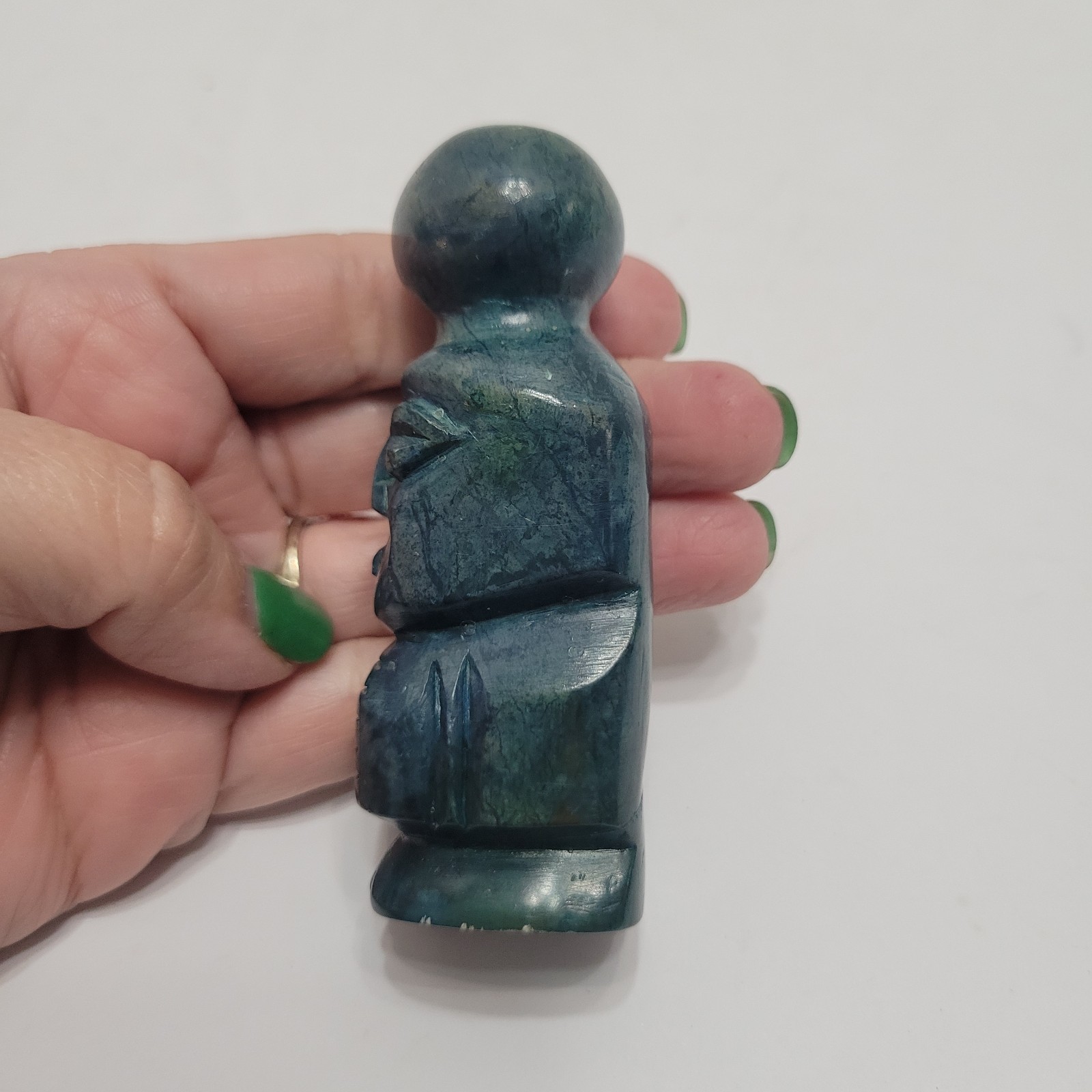 Vintage Aztec/Mayan Warrior Hand Carved Statue Jade/Green Marble/Onyx