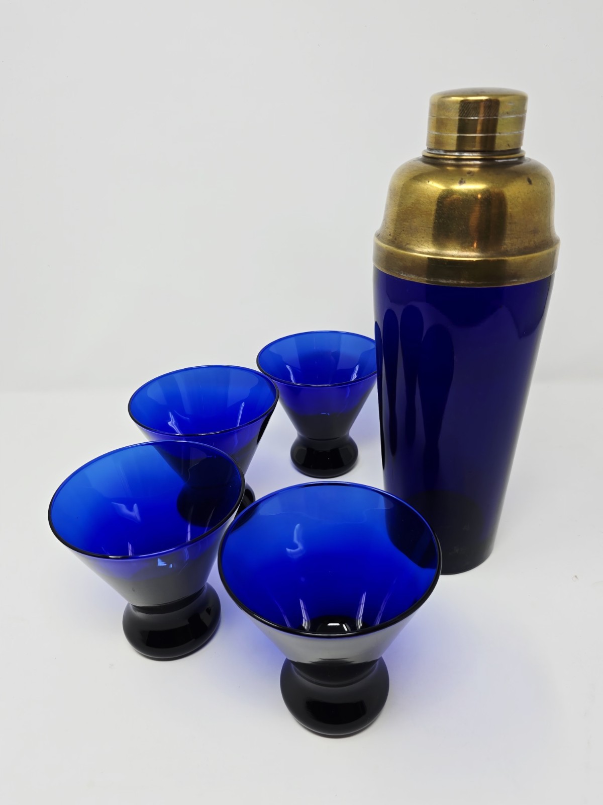 Rare Large Cobalt & Brass Art Deco Cocktail Shaker & Vintage Cobalt Glasses
