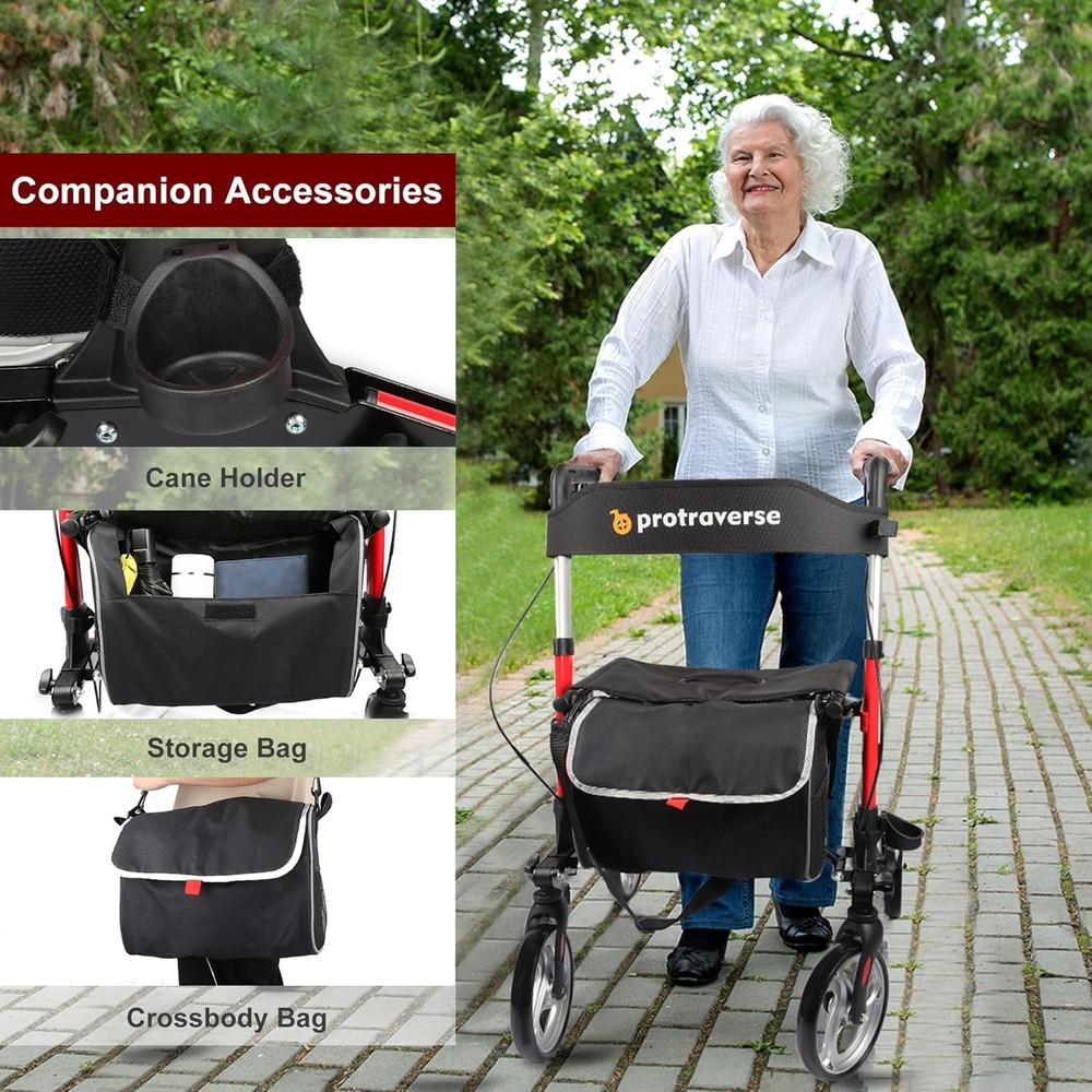 Foldable Rollator Walker with Seat Lightweight Large Wheels Rolling Walker Red