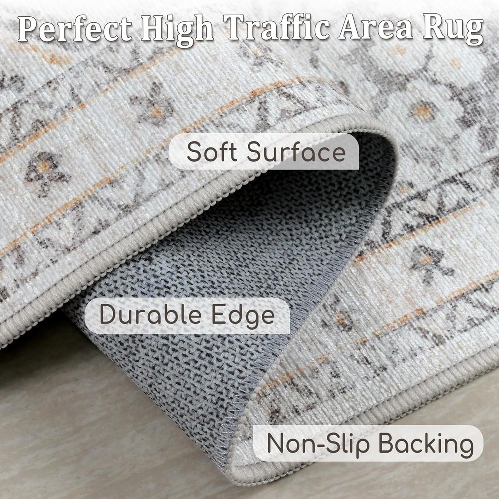 Washable Kitchen Runner 2' x 6' (Rectangular), Beige Taupe Orange