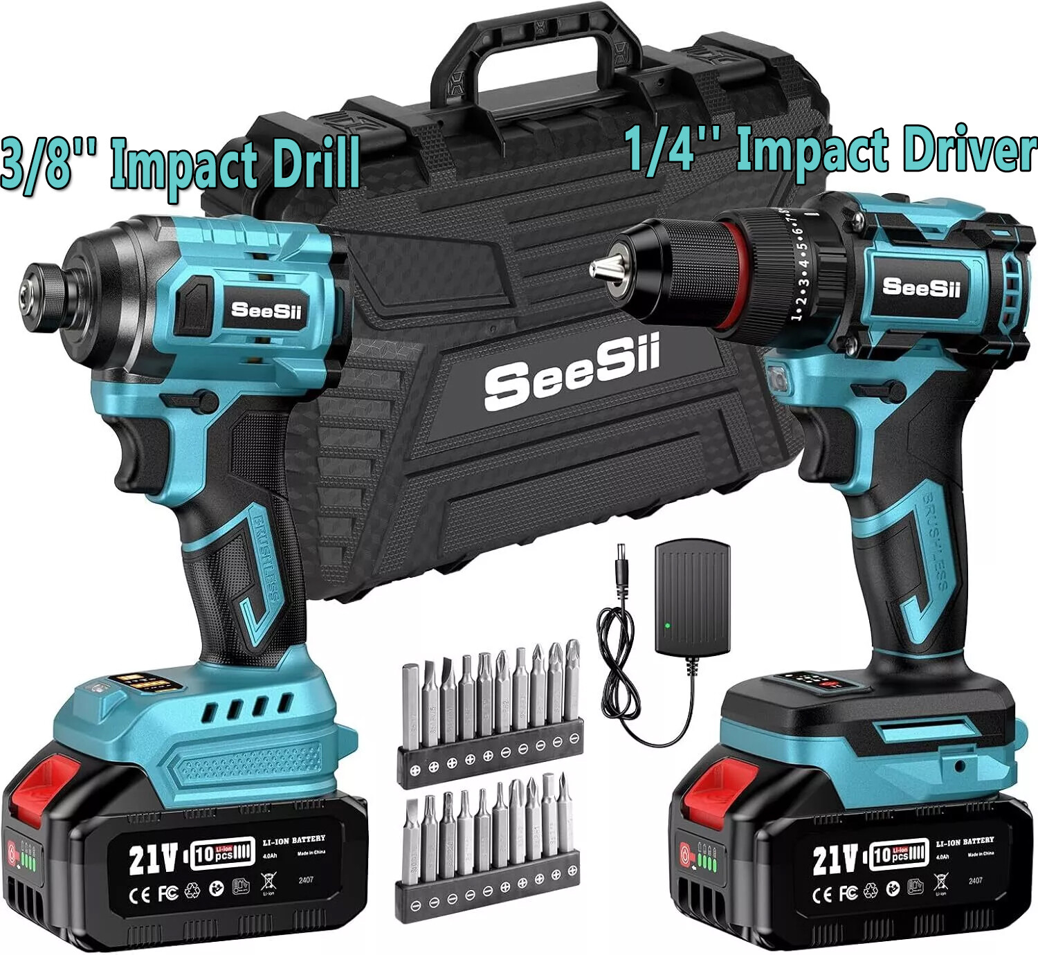Seesii Brushless Cordless Drill & Impact Driver Power Tool Combo Kit 2xBattery