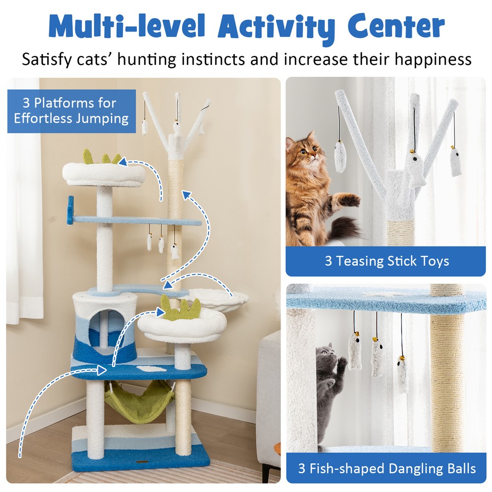Ocean-themed Cat Tree Multi-level w/Sisal Scratching Posts Dangling Toys Hammock