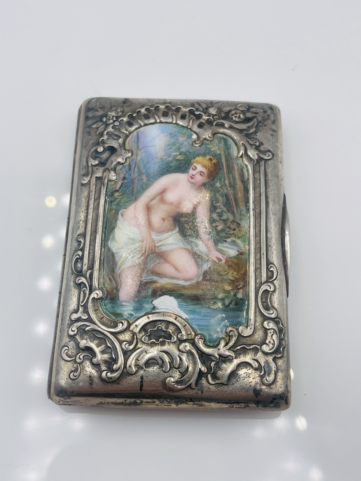 Antique Austrian Sterling Silver Enamel Nude Lady Cigarette Card Case