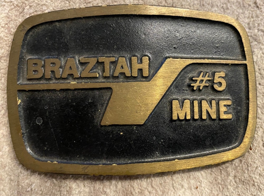 Belt Buckle- Cast Solid Brass Vintage Braztah #5 Mine DynaBuckle Provo Mining