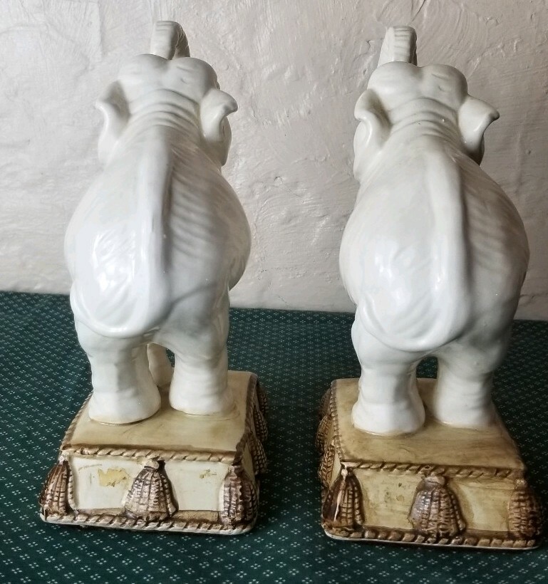 Vintage Ceramic Elephants White Trunk Up Foot Up Figurine 7.5" High