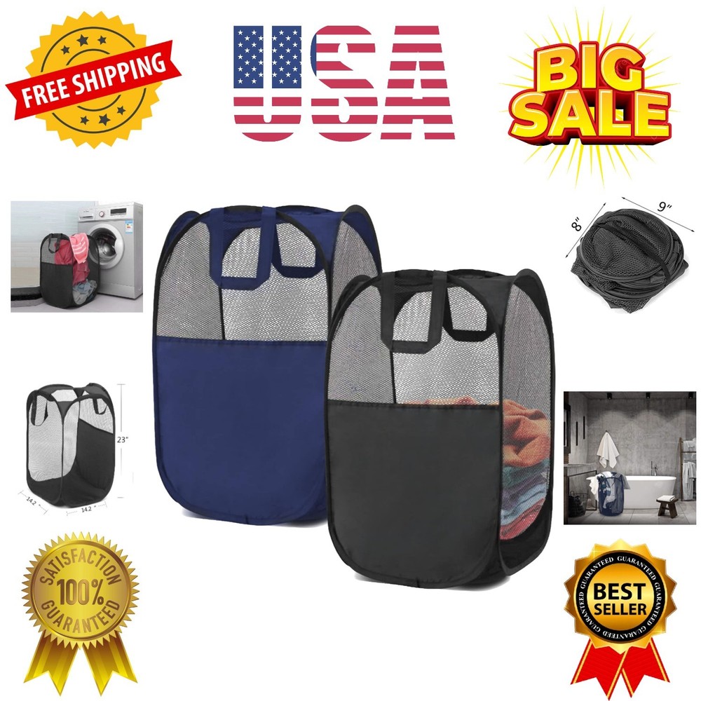 2 pop-up foldable mesh laundry baskets each with 2 reinforced handles, black ...