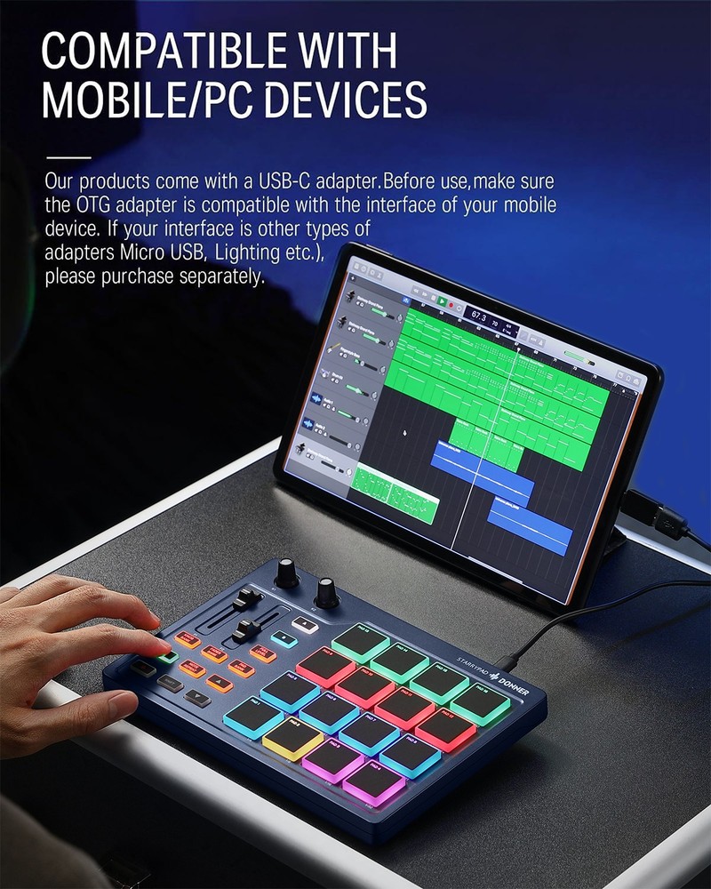 16 Pad MIDI Beat Maker Donner STARRYPAD 2 Assignable Fader Knobs Blue