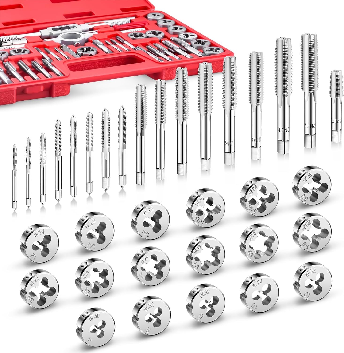 40pc Tap & Die Set SAE Thread #4 to 1/2” UNC Coarse UNF Fine & NPT Threading Kit
