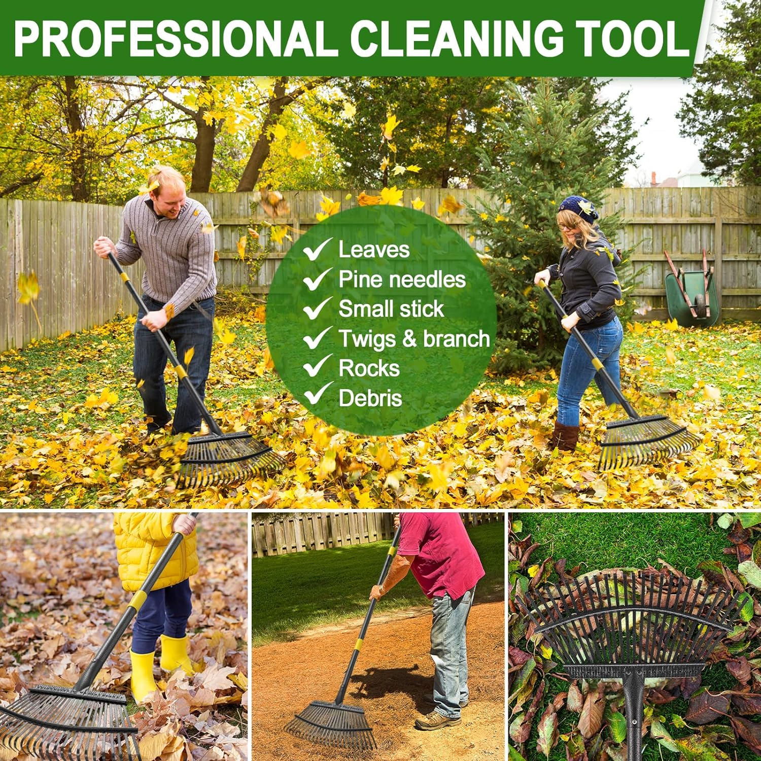 30~60" Long handle 25 Metal Tines Effective Rack for Yard Lawn Shrub tree Leaves