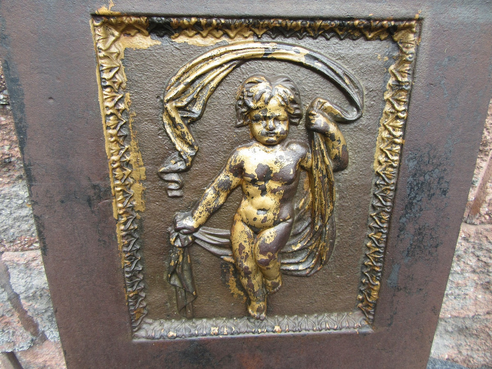 Antique Victorian Cherub Cast Iron Fireplace Insert Fireback w Gate Marks