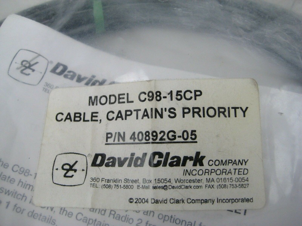 David Clark Captian's Priority Cable Assembly PN 40892G-05 Model C98-15CP