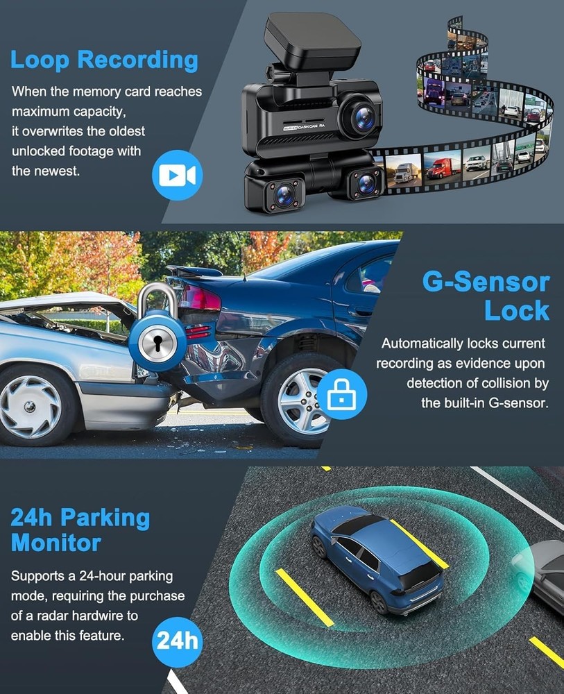 360° Front Rear Inside Dash Cam Loop Recording G-Sensor Dashcam 3.18” IPS Screen