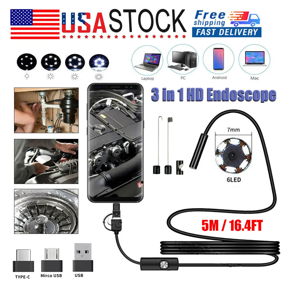6LED HD Snake Endoscope Borescope Inspection Camera for USB Type C Android PC