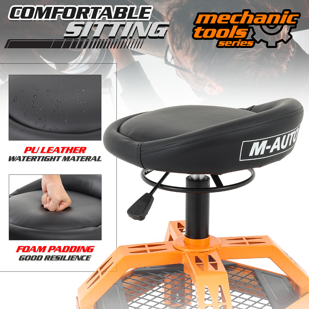 Rolling Garage Workshop Stool Adjustable Height Padded Creeper Seat w/Tool Tray