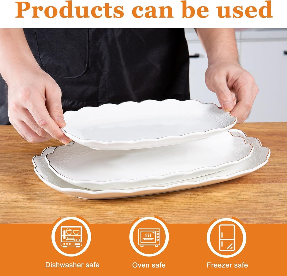 Ceramic Serving Platter Set | 14”/12”/10” Oval Serving Trays for Entertaining at