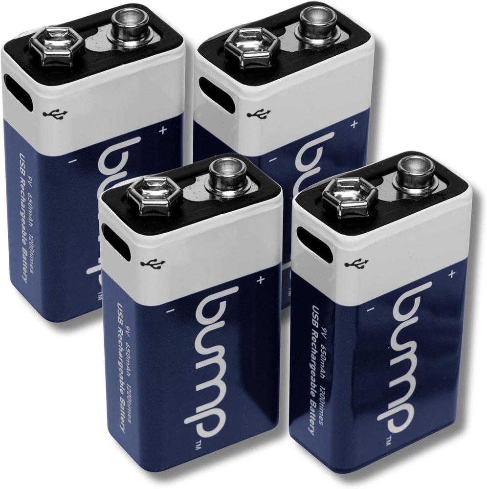 4 Pack 9 Volt Lithium Ion Rechargeable Batteries 650mAh USB-C Type Cable Bump
