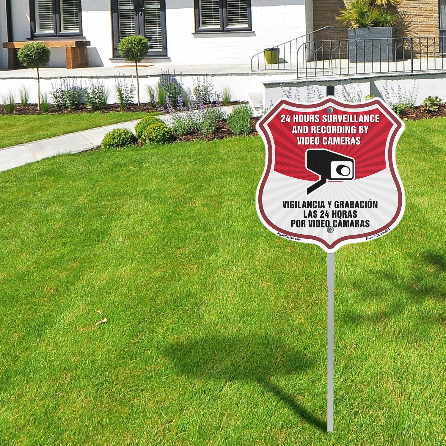 Bilingual 24 Hour Surveillance Shield Sign 24 Hour Surve Shield Sign With Stake