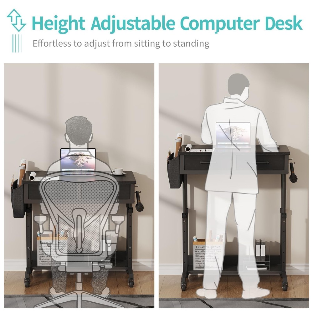 Small Portable Rolling Standing Desk - 32 Inch Adjustable Mobile Stand Up