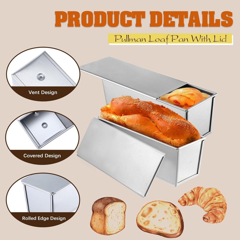 2 Pack Pullman Loaf Pan with Lid, 13X4 Inch Large Capacity Bread Loaf Pan with C