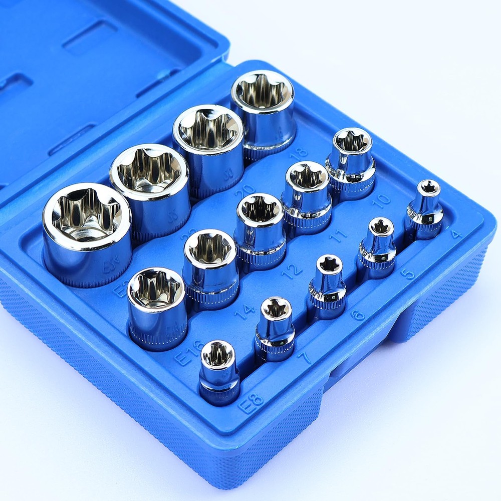 14-Piece Female E-Torx Socket Set, E4-E24 External Star Sockets, 1/4" 3/8" 1/...