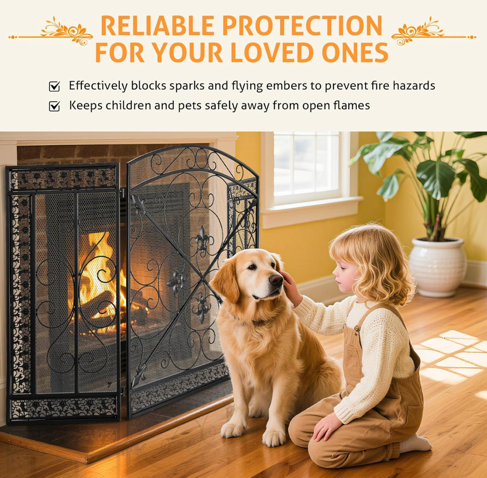 3 Panel Iron Mesh Fireplace Screen Traditional Scroll Metal Fleur De Lis Design