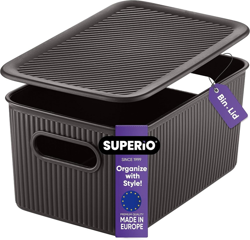 Superio 5L Small Brown Ribbed Storage Bin with Lid, Plastic Storage Basket