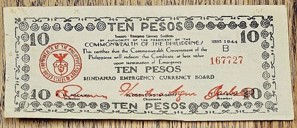 PHILIPPINES / MINDANO, 10 PESOS, EMERGENCY NOTE, 1944, aUNC. P#S488.a