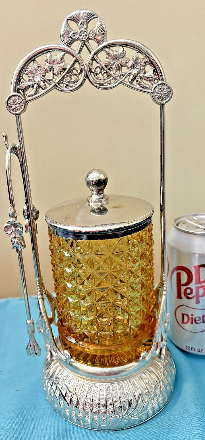 Antique Amber Glass Silver Plate Floral & Vines Pickle Castor with Tongs Signed