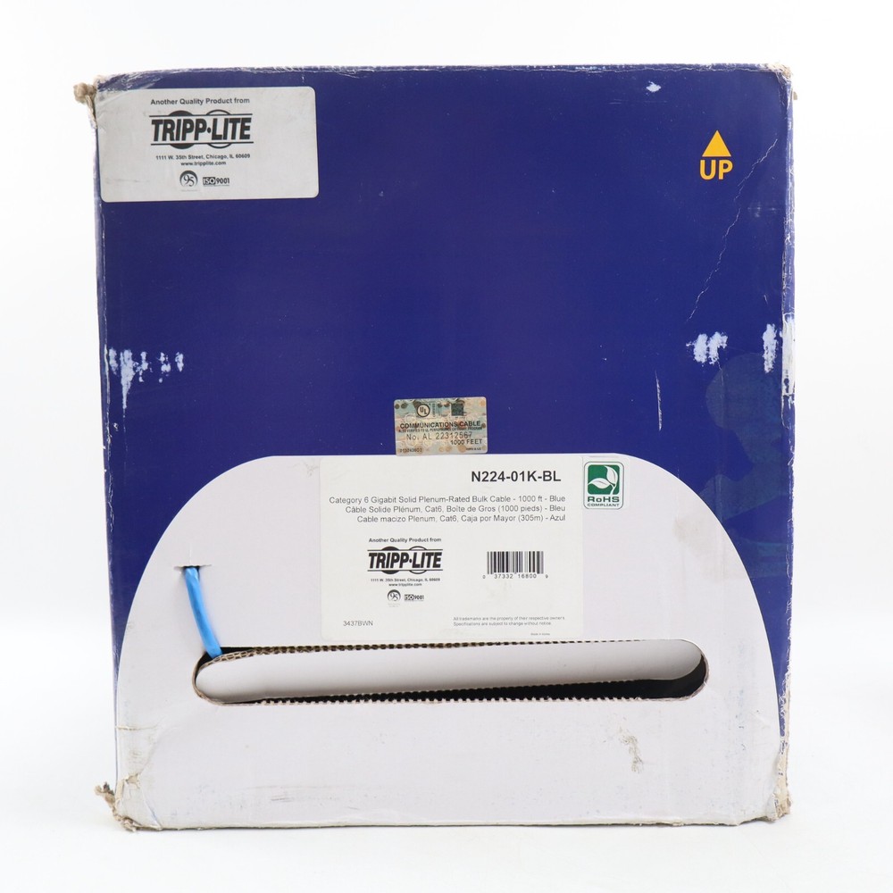 TRIPP LITE Cat6e Bulk Solid-Core Cable, Plenum-Rated PVC Blue 1000' N224-01K-BL