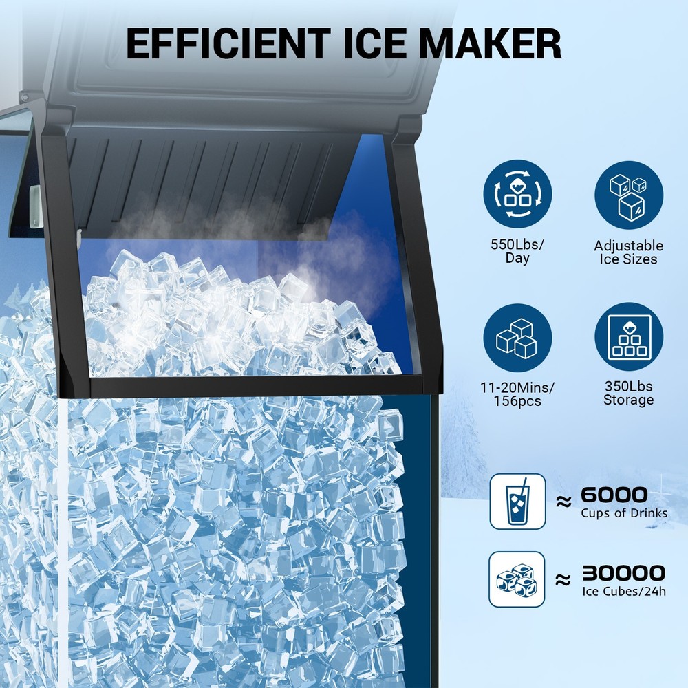 Commercial Ice Maker Machine 550LBS/24H, 19-Level Adjustable Thickness